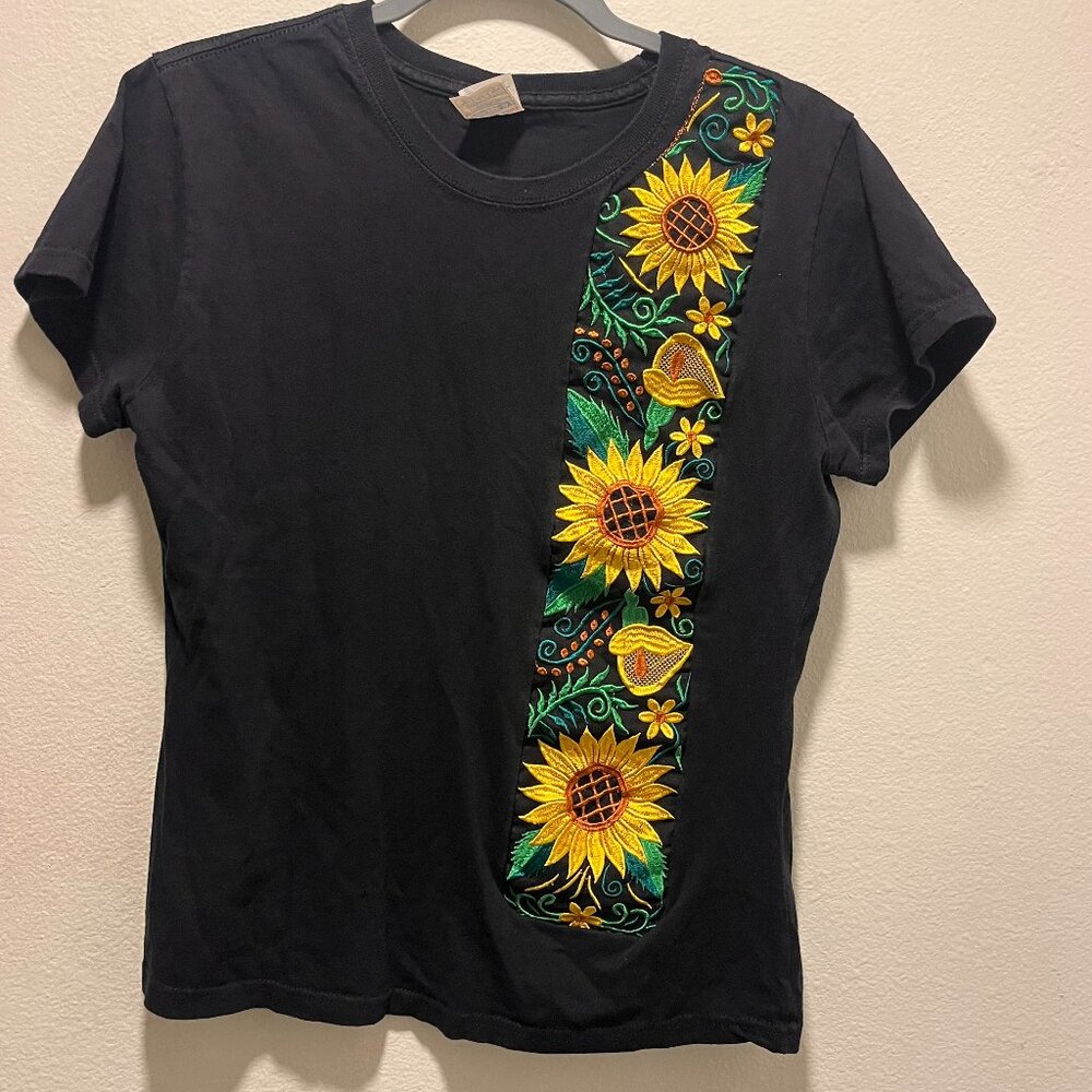 Yazbek Ella Sunflowers Black T-Shirt Women's Size Large Short Sleeve Round Neck
